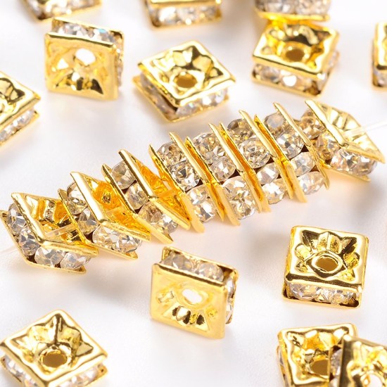 Afbeeldingen van Rhinestones Spacer Bead 6x6x3mm square Crystal Gold x10