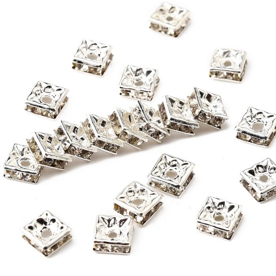 Afbeeldingen van Rhinestones Spacer Bead 6x6x3mm square Silver x10
