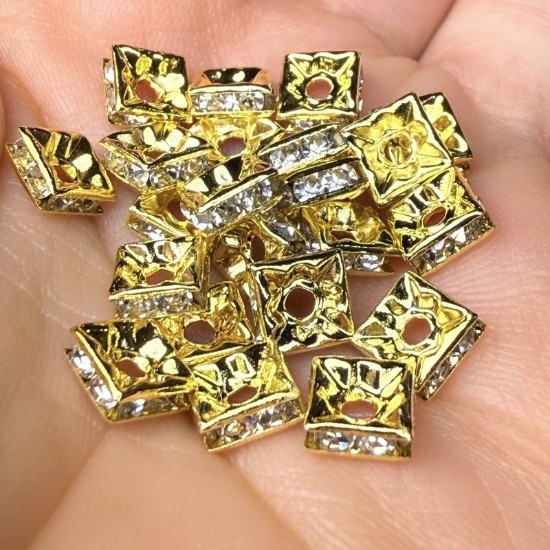 Picture of Rhinestones Spacer Bead 6x6x3mm square Crystal Gold x10