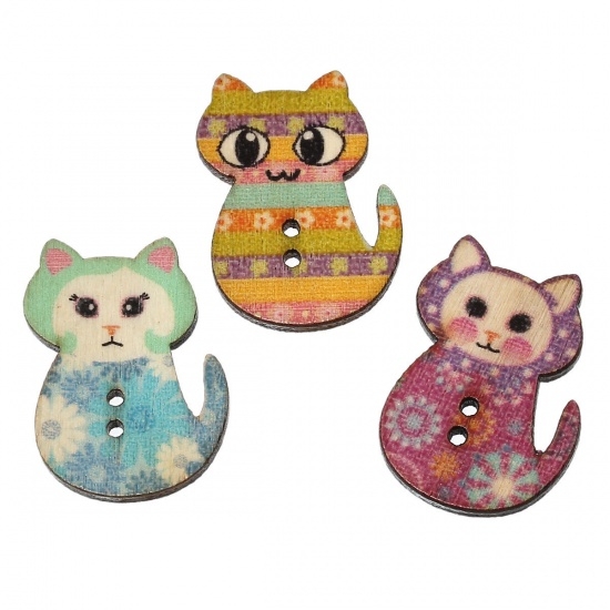 Picture of Wooden Button Cat 23x30mm Color Mix x10