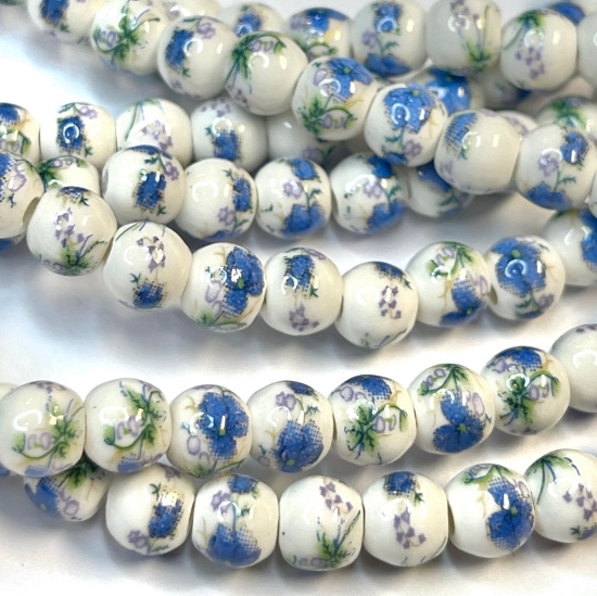 Picture of Porcelain bead 6mm round Blue Green flowers x32cm