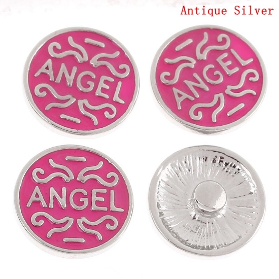 Picture of Chunk Button 20mm round Enamel "ANGEL" Carved  Pink - Antique Silver x1